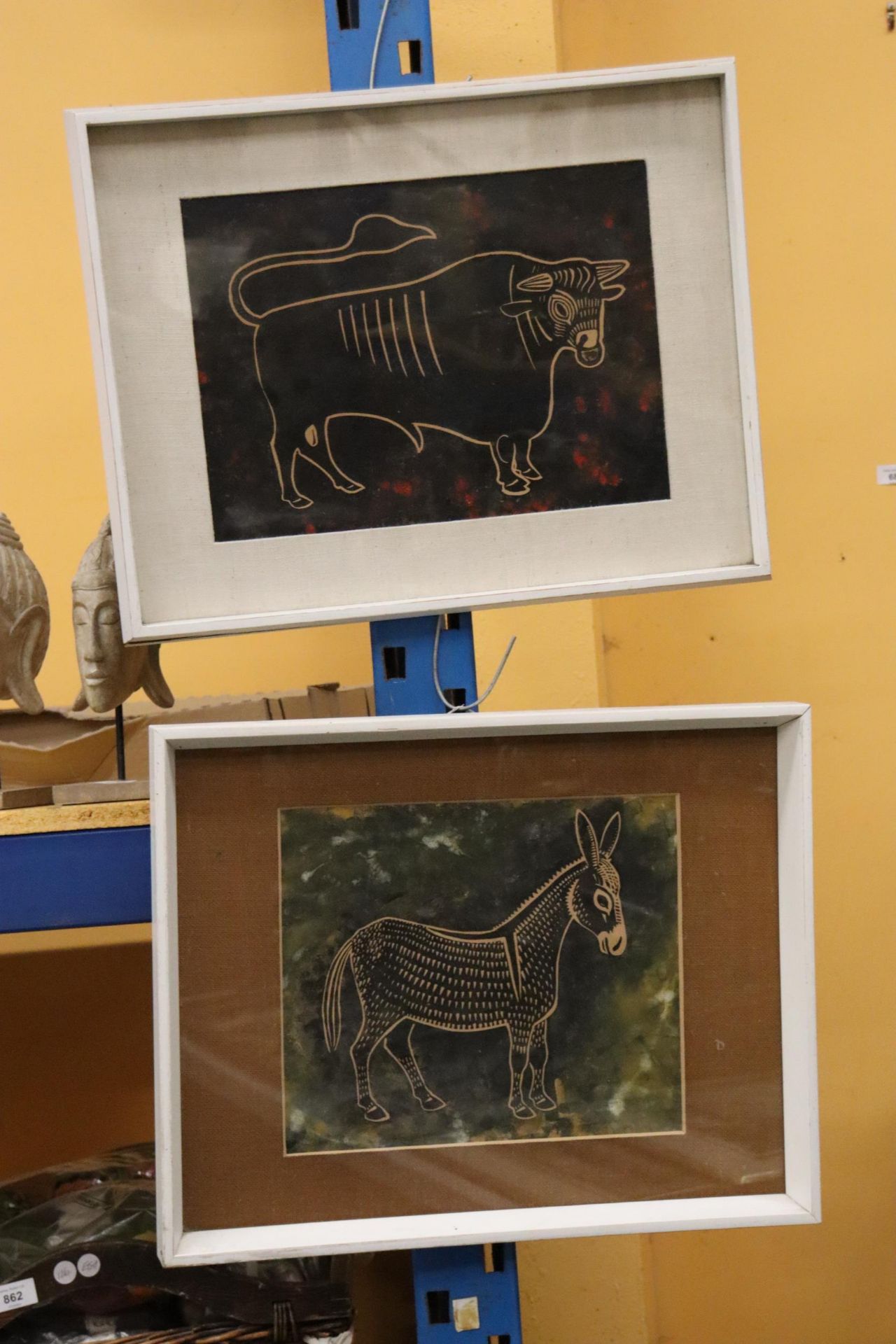 TWO ABORIGINAL DESIGN PRINTS OF A BULL AND A DONKEY