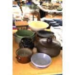A QUANTITY OF COOKWARE TO INCLUDE STONE SERVING BOWLS, PLATTERS, LIDDED POT, ETC.,