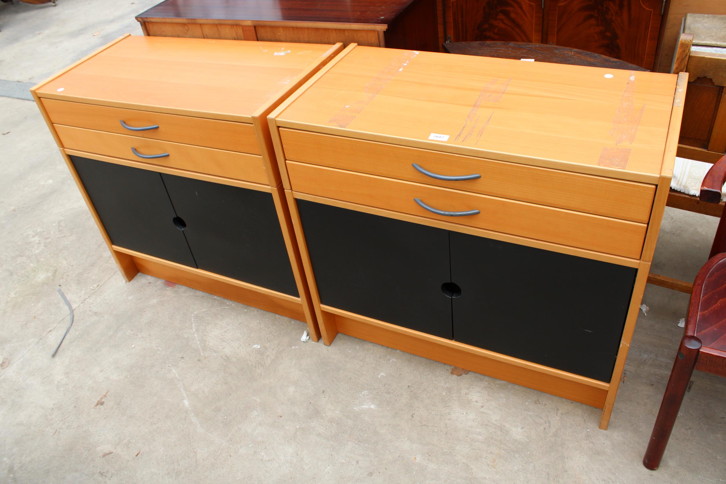 A PAIR OF TEAK SIDE CABINETS WITH PAINTED DOORS