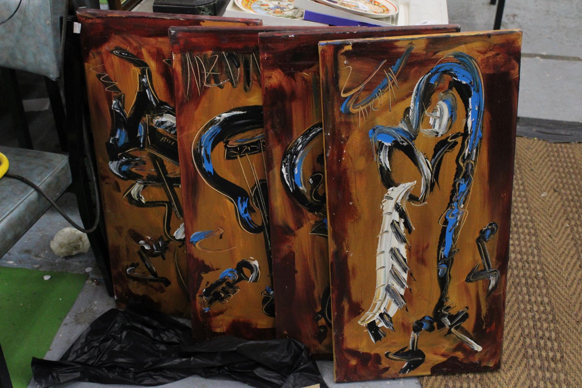 FOUR OIL ON CANVAS PAINTINGS OF MUSICAL INSTRUMENTS, SIGNED TO THE BACK