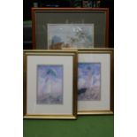 THREE FRAMED PRINTS TO INCLUDE TWO OF LADIES AND ONE OF A RURAL COTTAGE