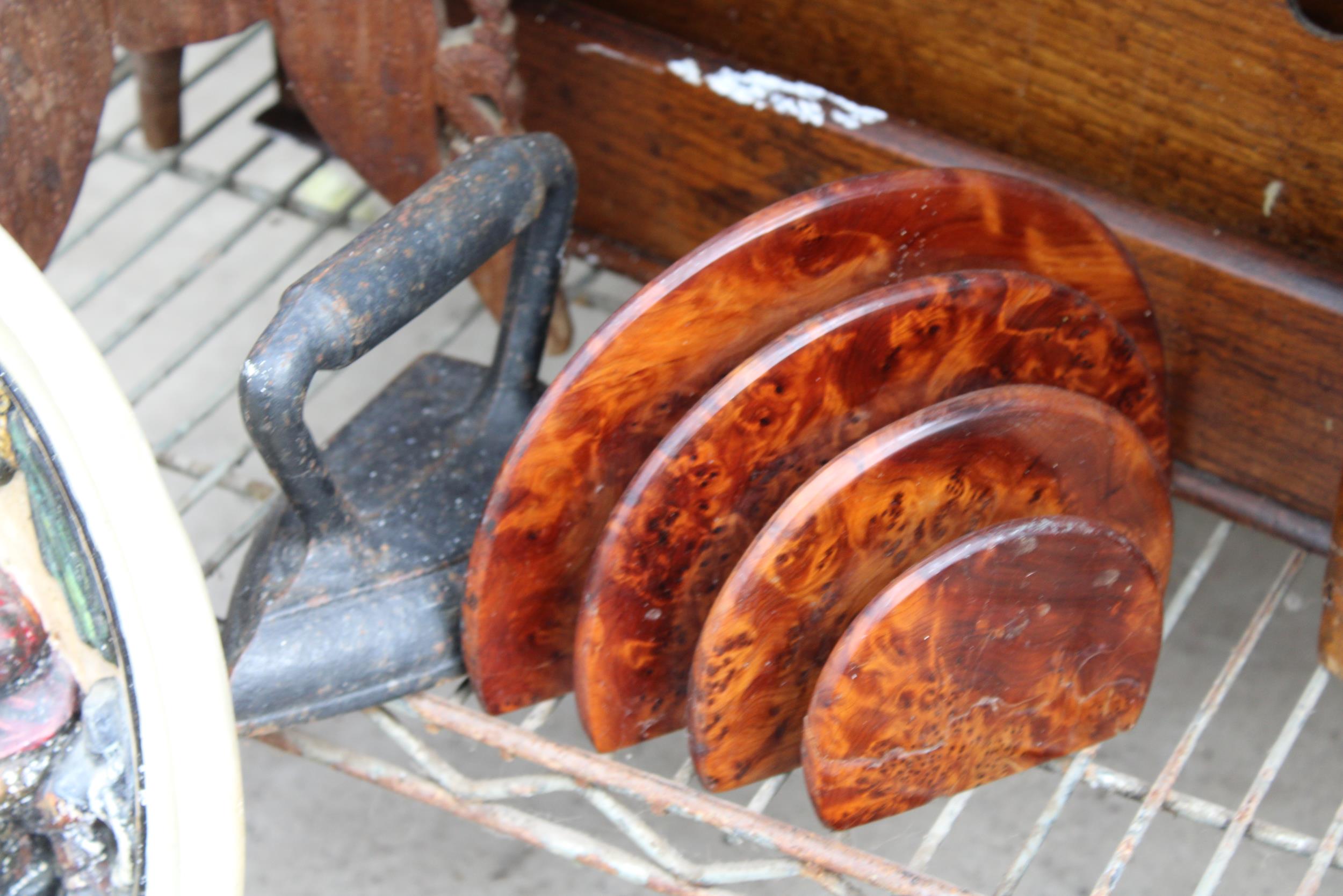 AN ASSORTMENT OF ITEMS TO INCLUDE AN OAK LETTER STAND, A SMALL STOOL AND A FLAT IRON ETC - Image 3 of 3