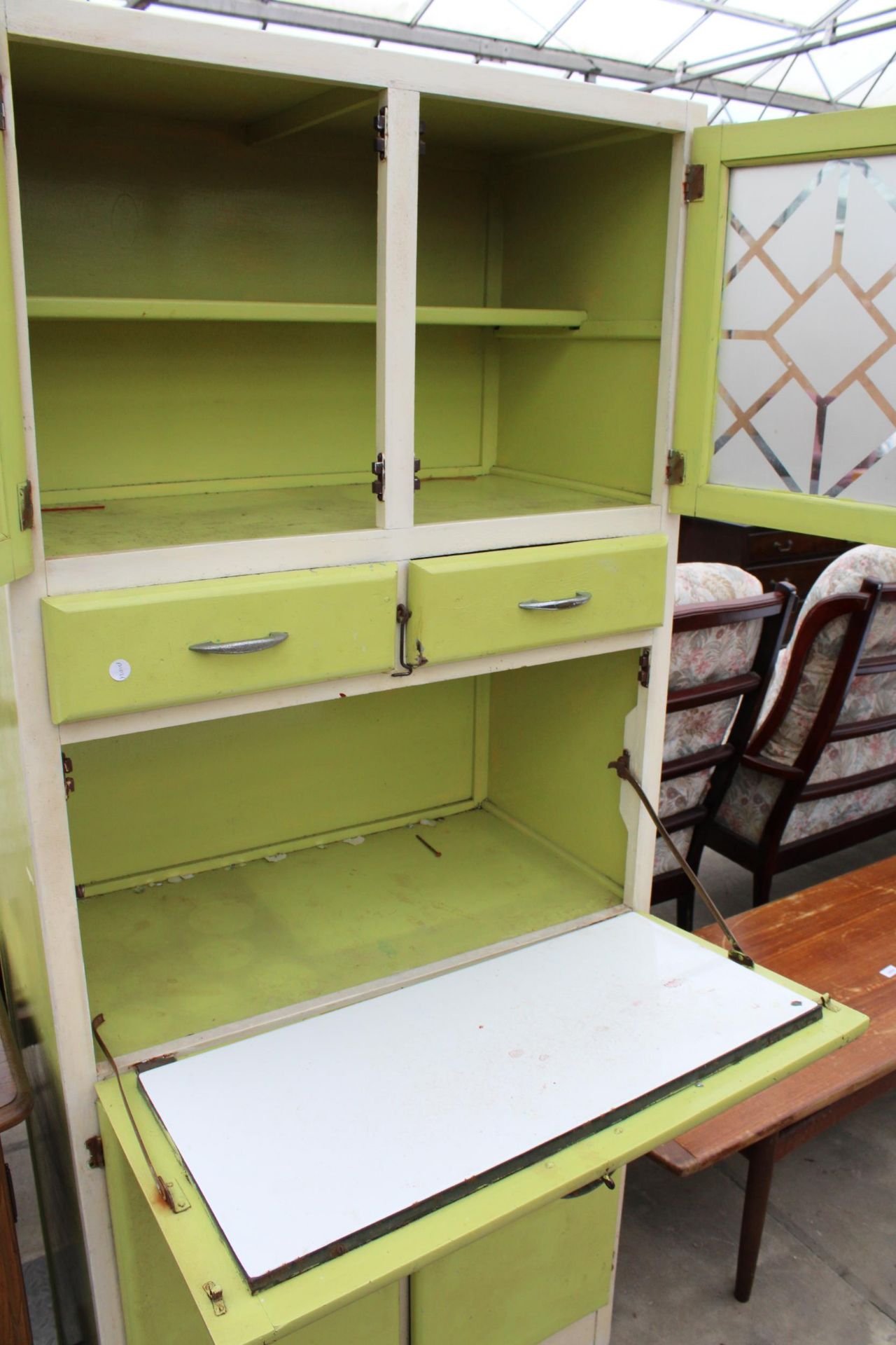 A 1950'S KITCHEN DRESSER WITH DROP DOWN FRONT WITH ENAMEL WORK SURFACE 30" WIDE - Image 2 of 2