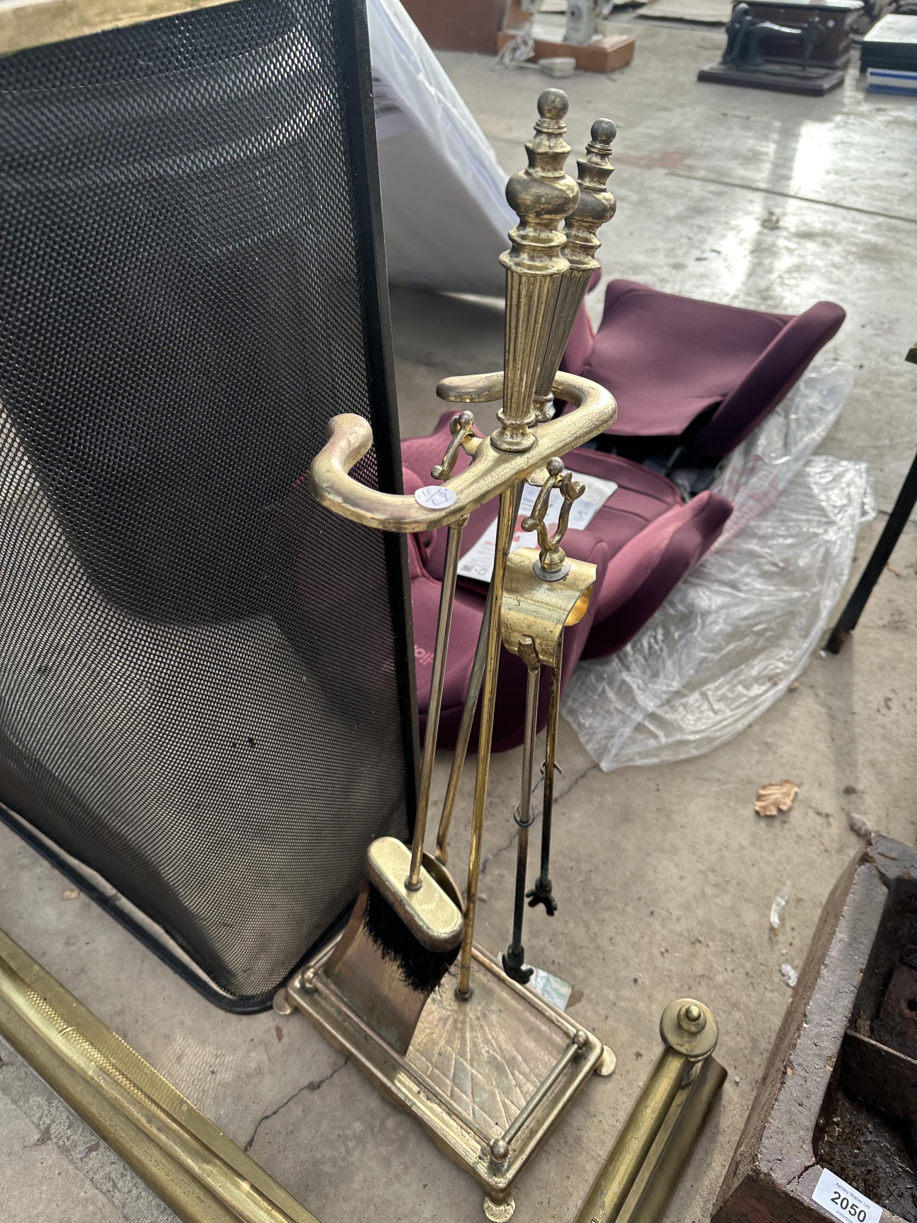 A DECORATIVE BRASS FIRE FENDER, A FIRE SCREEN AND A COMPANION SET - Image 2 of 3