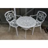 A VINTAGE WHITE CAST ALLOY BISTRO SET COMPRISING OF A ROUND TABLE AND TWO CARVER CHAIRS