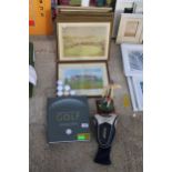 AN ASSORTMENT OF GOLF RELATED ITEMS TO INCLUDE FRAMED PRINTS, GOLF BALLS AND A FIGURE OF A GOLFER