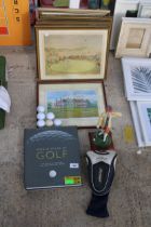 AN ASSORTMENT OF GOLF RELATED ITEMS TO INCLUDE FRAMED PRINTS, GOLF BALLS AND A FIGURE OF A GOLFER