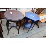 A PAINTED ARTS AND CRAFTS STYLE TABLE AND EDWARDIAN TWO TIER CENTRE TABLE