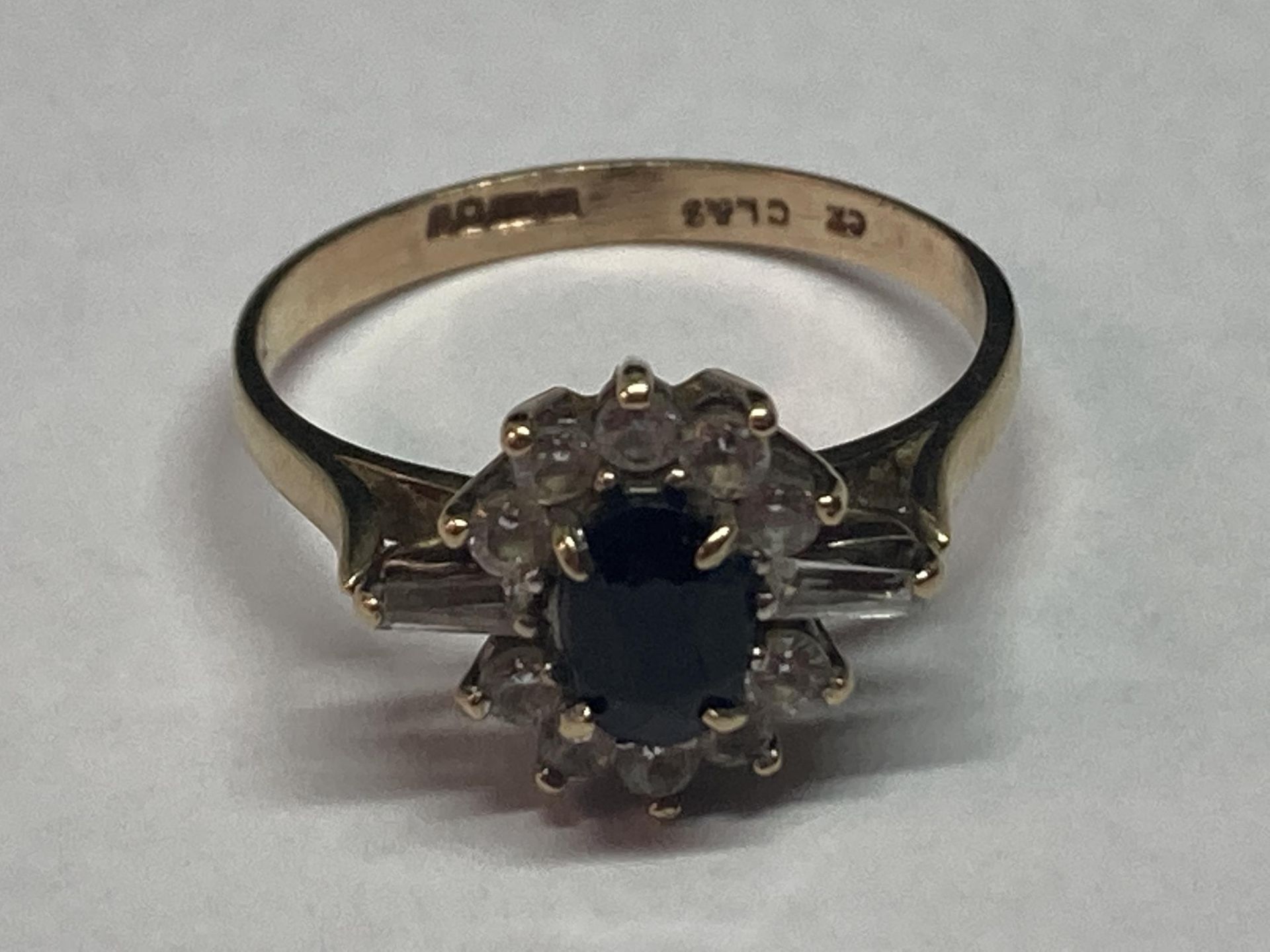 A 9 CARAT GOLD RING WITH A CENTRE SAPPHIRE SURROUNDED BY CUBIC ZIRCONIAS SIZE M
