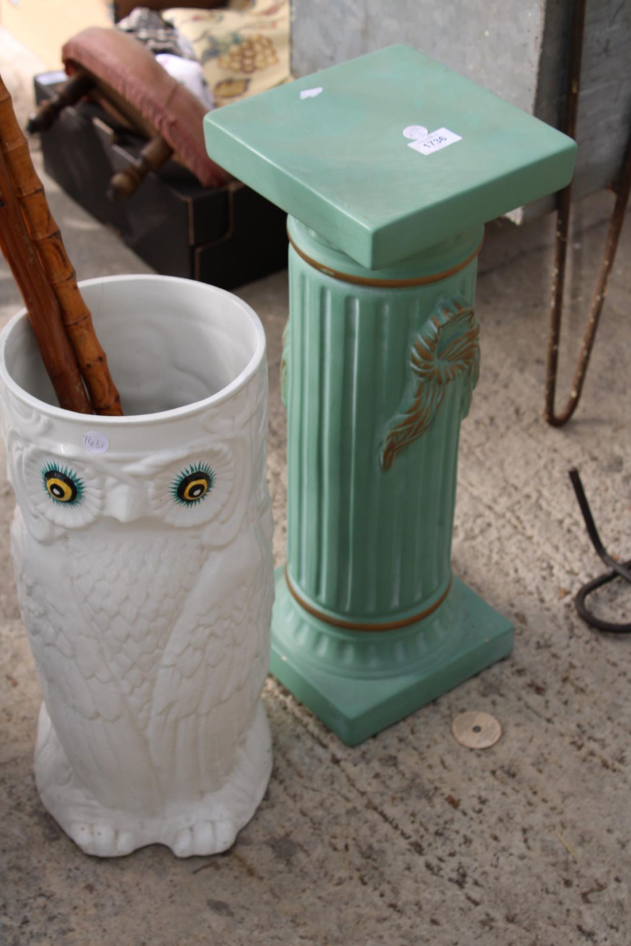 A CERAMIC JARDINAIRE STAND, A CERAMIC OWL STICK STAND AND TWO WALKING STICKS - Image 2 of 2