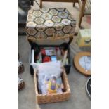 AN ASSORTMENT OF ITEMS TO INCLUDE A TAPESTRY TOP STOOL, CANDLES AND SEWING THREAD ETC