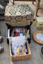 AN ASSORTMENT OF ITEMS TO INCLUDE A TAPESTRY TOP STOOL, CANDLES AND SEWING THREAD ETC