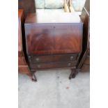 A REPRODUCTION MAHOGANY BUREAU ON CABRIOLE LEGS 23.5 WIDE