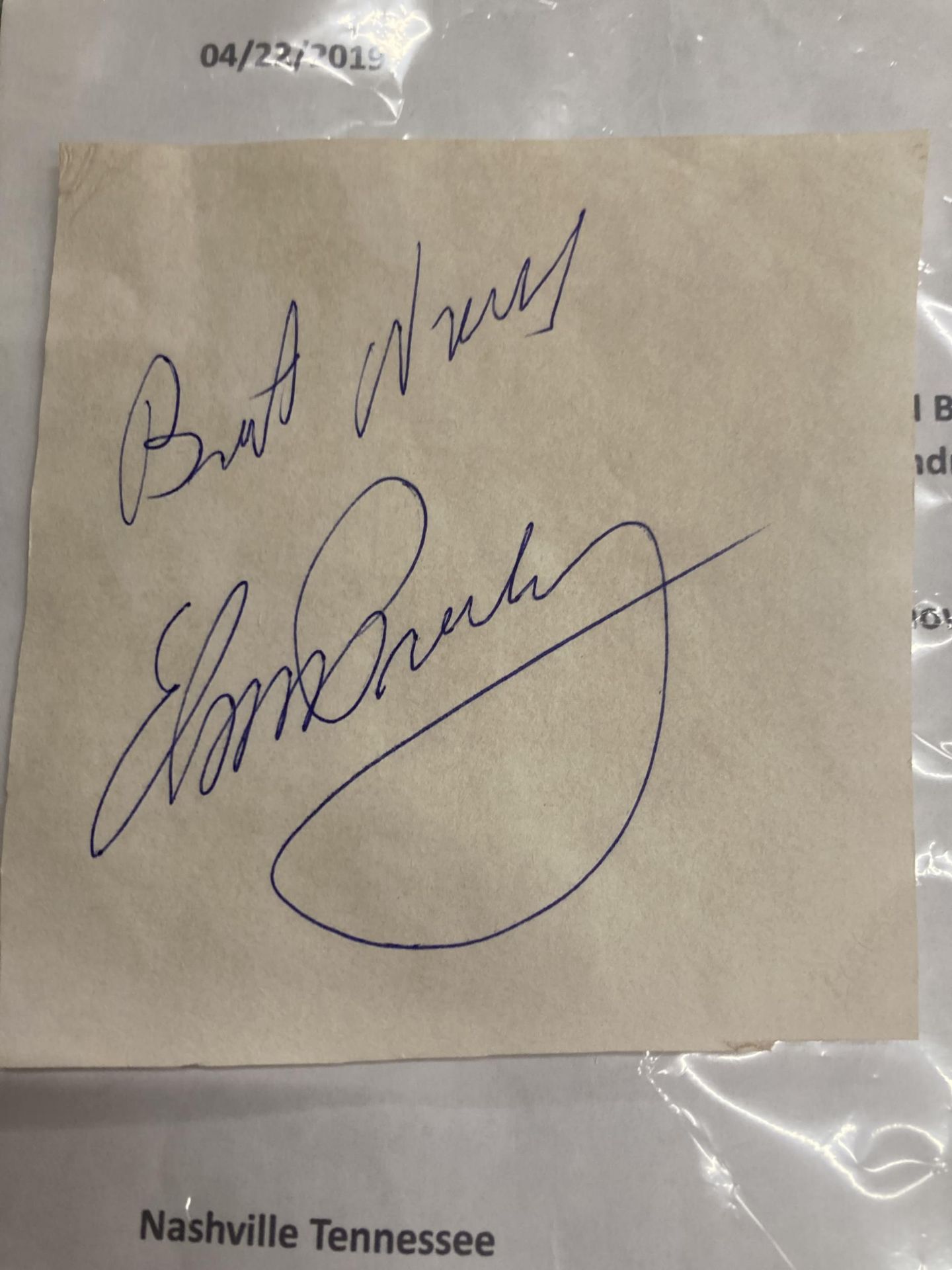 AN ELVIS PRESLEY SIGNATURE WITH LETTER OF PROVENANCE (NOT AUTHENTICATED)