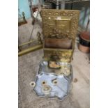 AN ASSORTMENT OF ITEMS TO INCLUDE A BRASS FIRE SCREEN, SILVER PLATED CANDLE STICKS AND A CAST PIG