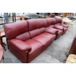 A RED LEATHER VIOLINO THREE PIECE SUITE COMPRISING OF A THREE SEATER SETTEE, EASY CHAIR AND AN