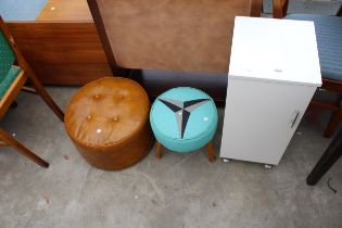 A 1950'S SHERBORNE STOOL, POUFFE AND WHITE BEDSIDE LOCKER