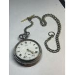 A MARKED 925 SILVER SWISS KAYS CHALLENGE POCKET WATCH WITH T BAR CHAIN VENDOR STATES WORKING BUT