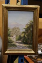 AN OIL ON CANVAS, 'PALMS BEFORE ETNA', SICILY, INDISTINCT SIGNATURE, IN GILT FRAME, 27CM X 37CM