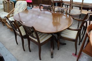 A REGENCY STYLE TWIN PEDESTAL DINING TABLE AND FIVE CHAIRS ONE BEING A CARVER