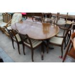 A REGENCY STYLE TWIN PEDESTAL DINING TABLE AND FIVE CHAIRS ONE BEING A CARVER