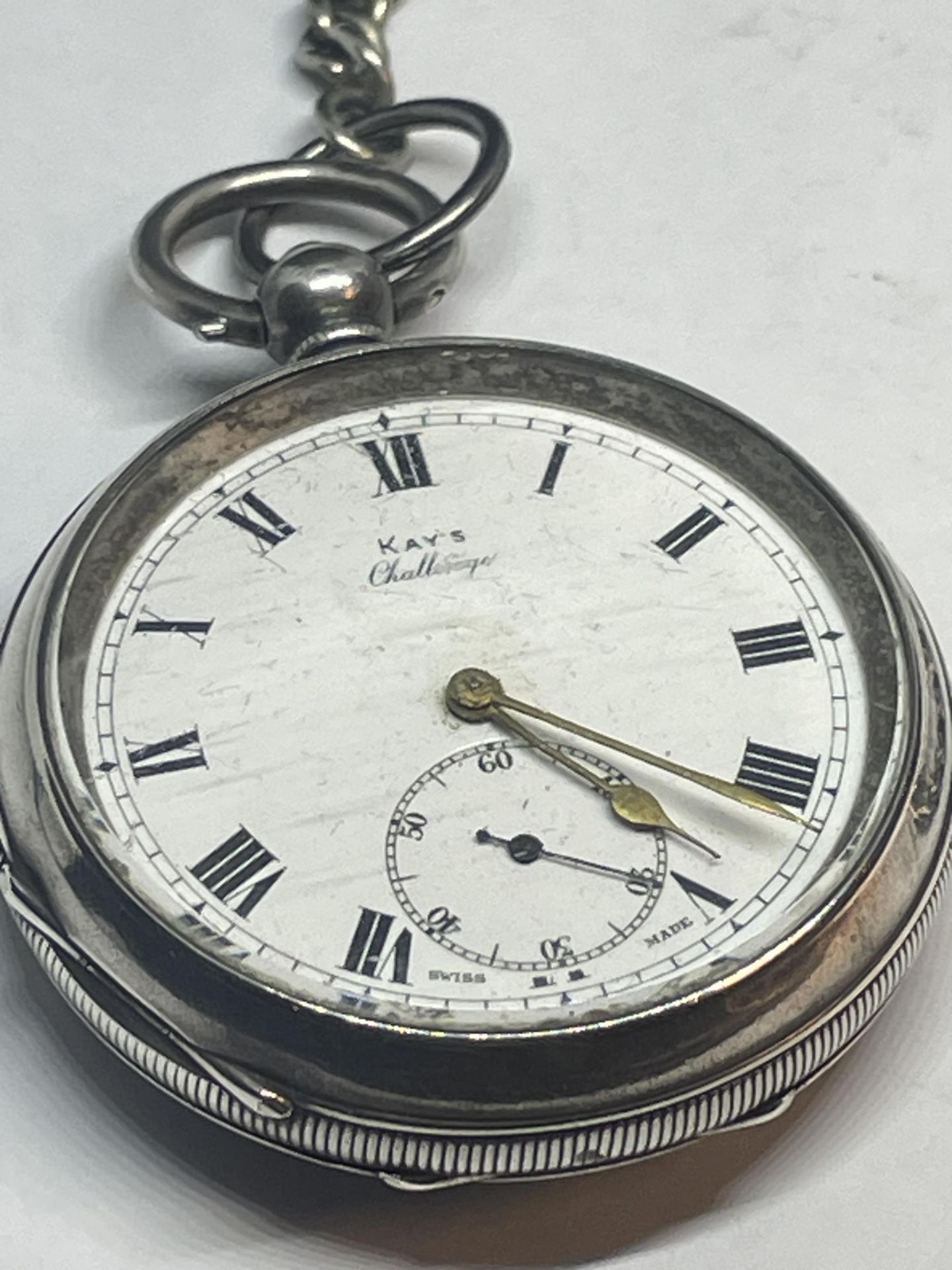 A MARKED 925 SILVER SWISS KAYS CHALLENGE POCKET WATCH WITH T BAR CHAIN VENDOR STATES WORKING BUT - Image 2 of 5