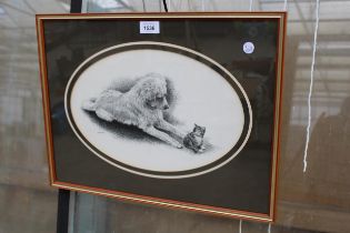 A FRAMED GELDART PRINT OF A DOG AND KITTEN