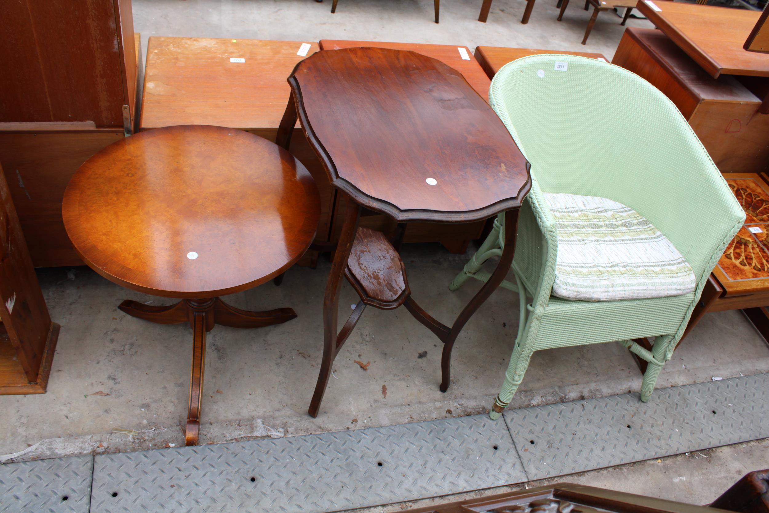 A LLOYD LOOM STYLE BEDROOM CHAIR, TWO TIER OCCASIONAL TABLE AND MODERN TRIPOD TABLE