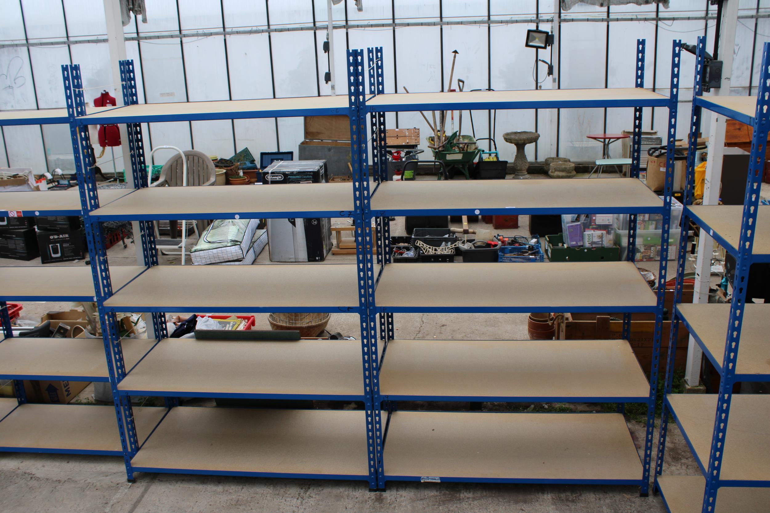 TWO FIVE TIER METAL AND CHIPBOARD SHELVING UNITS