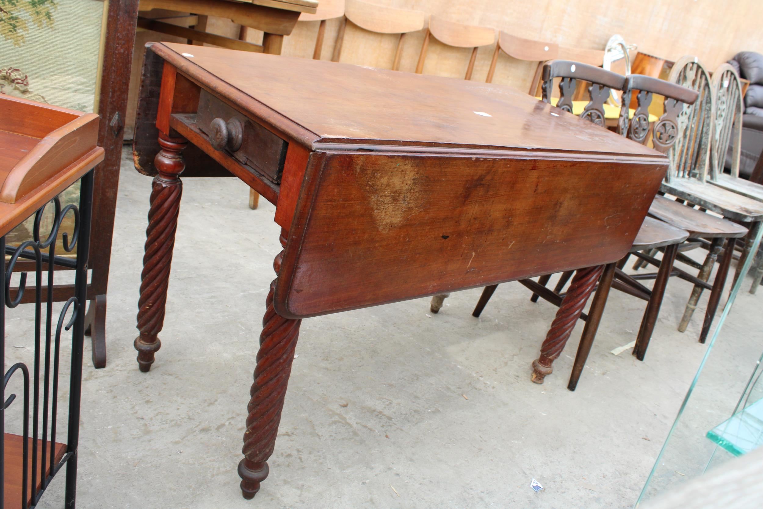 A VICTORIAN MAHOGANY PEMBROKE TABLE ON KNURLED LEGS, A TELEPHONE TABLE AND WOOLWORK FIRE SCREEN - Image 2 of 4