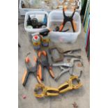 AN ASSORTMENT OF TOOLS AND CLAMPS TO INCLUDE A SOLDERING IRON AND WIRE ETC