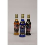 THREE BOTTLES OF VEDRENNE LIQUEUR TO INCLUDE A CURACOA BLEU, A CREME DE CACOA AND A FRAMBOISE