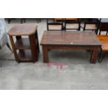 AN INDUSTRIAL STYLE COFFEE TABLE WITH METAL TRIM 43" X 24" AND AN OAK THREE TIER OCCASIONAL TABLE