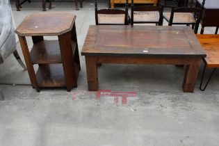 AN INDUSTRIAL STYLE COFFEE TABLE WITH METAL TRIM 43" X 24" AND AN OAK THREE TIER OCCASIONAL TABLE