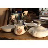 A MIXED LOT OF CERAMICS TO INCLUDE A STAFFORDSHIRE FLATBACK, NORITAKE CAKE STAND, ROYAL DOULTON