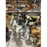 TWO PAIRS OF SILVER PLATED CANDLESTICKS PLUS TWO METAL CANDLE HOLDERS