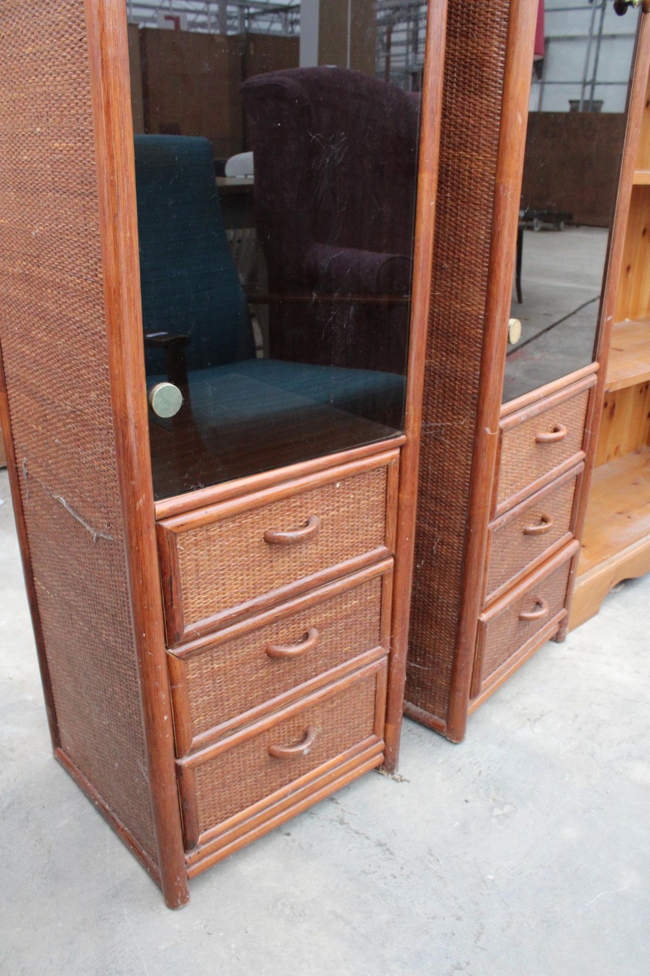 A PAIR OF DOME TOP WICKER DISPLAY CABINETS WITH SMOKED GLASS DOORS 16" WIDE EACH - Image 4 of 4