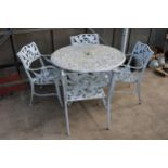 A WHITE CAST ALLOY BISTRO SET COMPRISING OF A LARGE ROUND TABLE AND FOUR CARVER CHAIRS