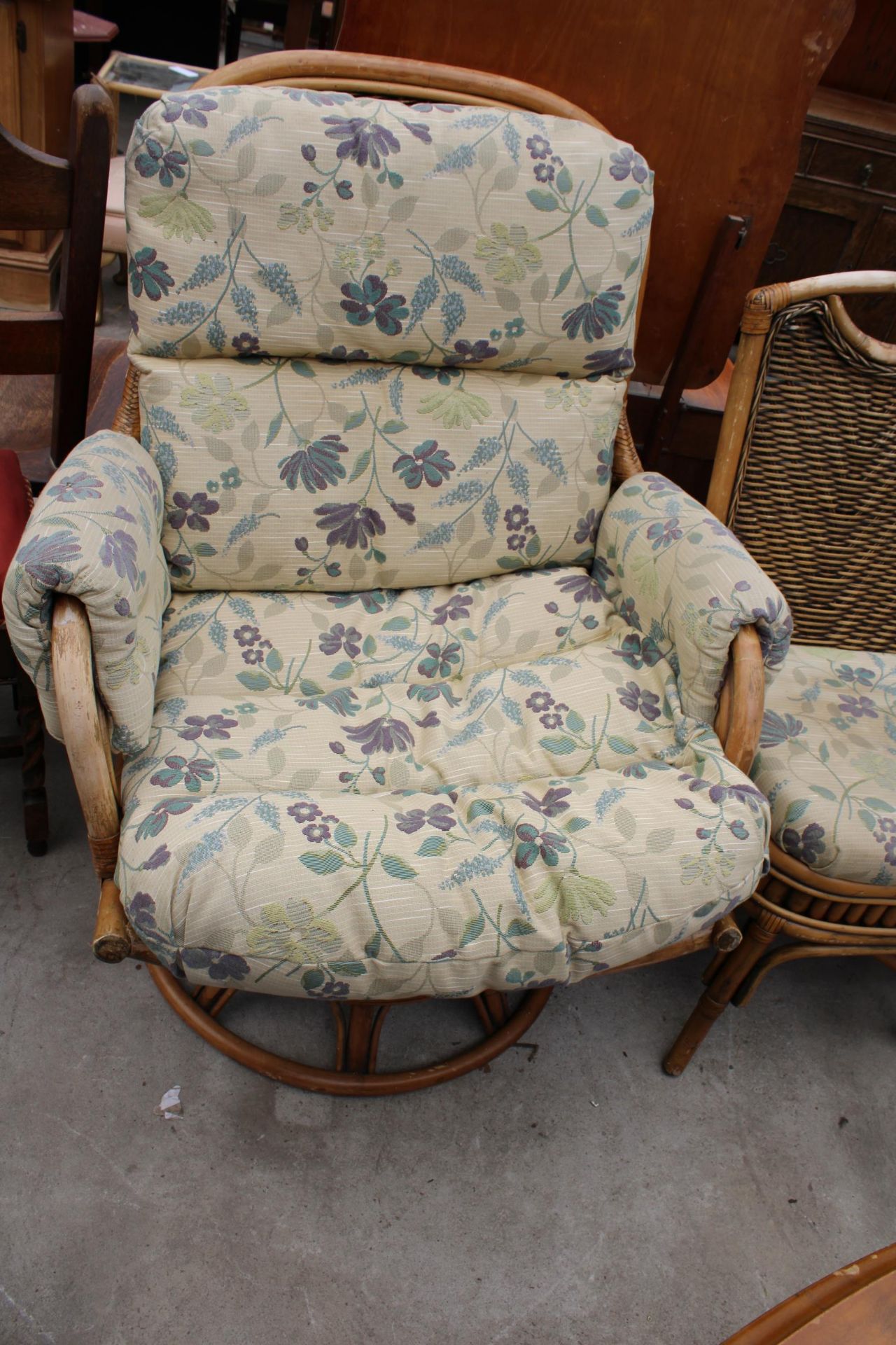 A WICKER AND BAMBOO SWIVEL CHAIR, EASY CHAIR AND A PAIR OF DINIGNG CHAIRS - Image 2 of 4