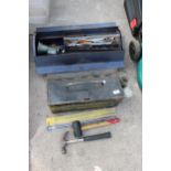 TWO METAL TOOL BOXES WITH AN ASSORTMENT OF TOOLS TO INCLUDE HAMMERS, SPANNERS AND DRILL BITS ETC