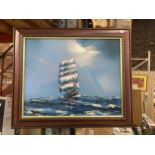 A FRAMED OIL ON BOARD PAINTING OF A CLIPPER SHIP ON STORMY SEAS SIGNED D.DEAKINS
