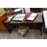 A STAG MINSTREL DRESSING TABLE 60" WIDE AND A SMALL STOOL ON CABRIOLE LEGS