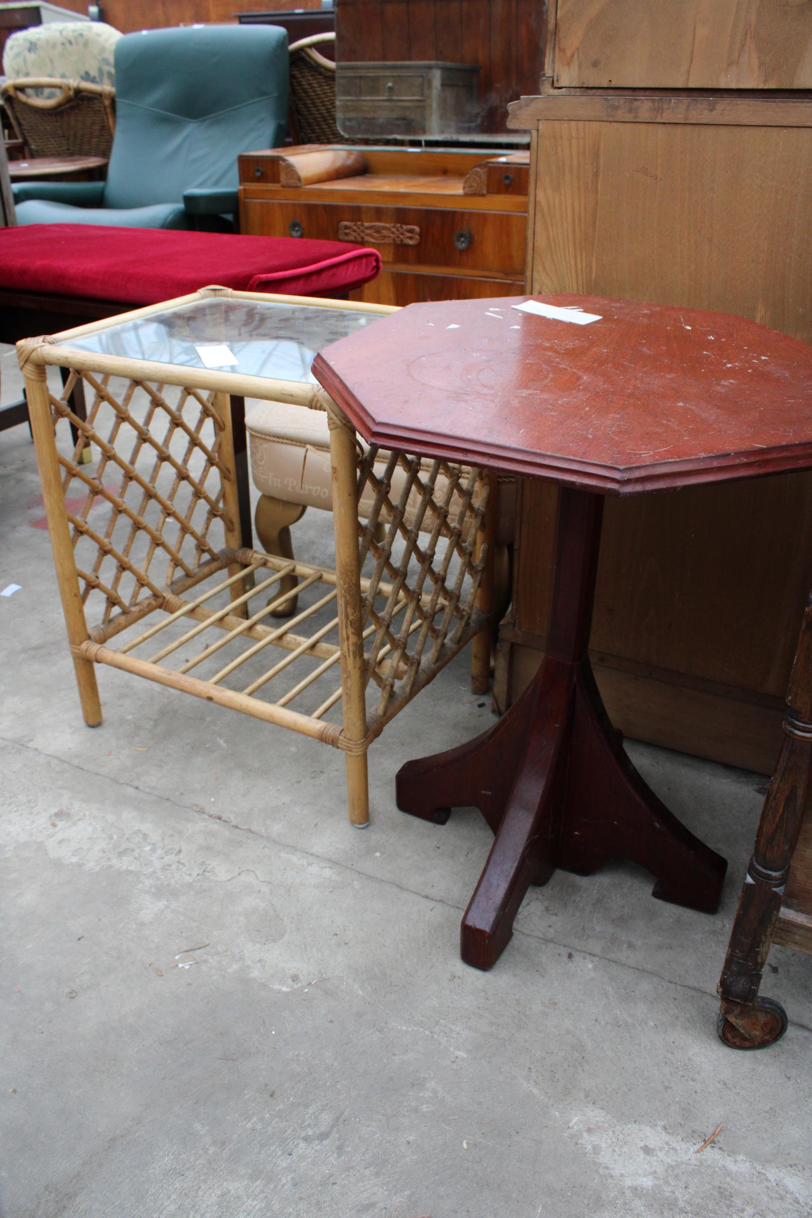 AN OAK THREE TIER TROLLEY, MODERN WINE TABLE AND A BAMBOO LAMP TABLE - Image 3 of 3