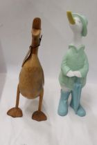 A WOODEN DUCK FROM 'THE DUCK COMPANY' CALLED FRED PLUS A PAINTED DUCK, HEIGHTS 42CM