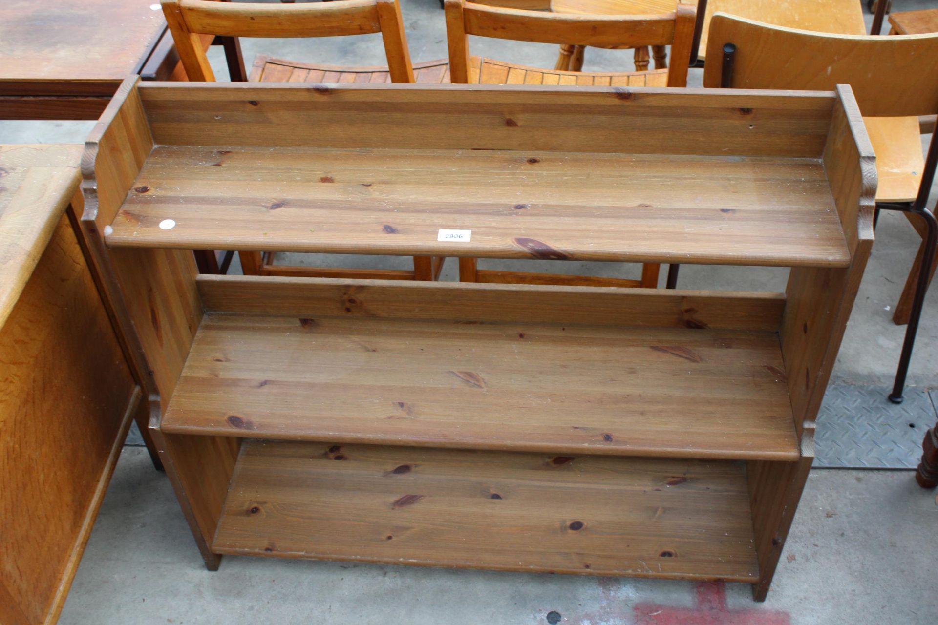 A PINE THREE TIER OPEN WATERFALL BOOKCASE 36" WIDE