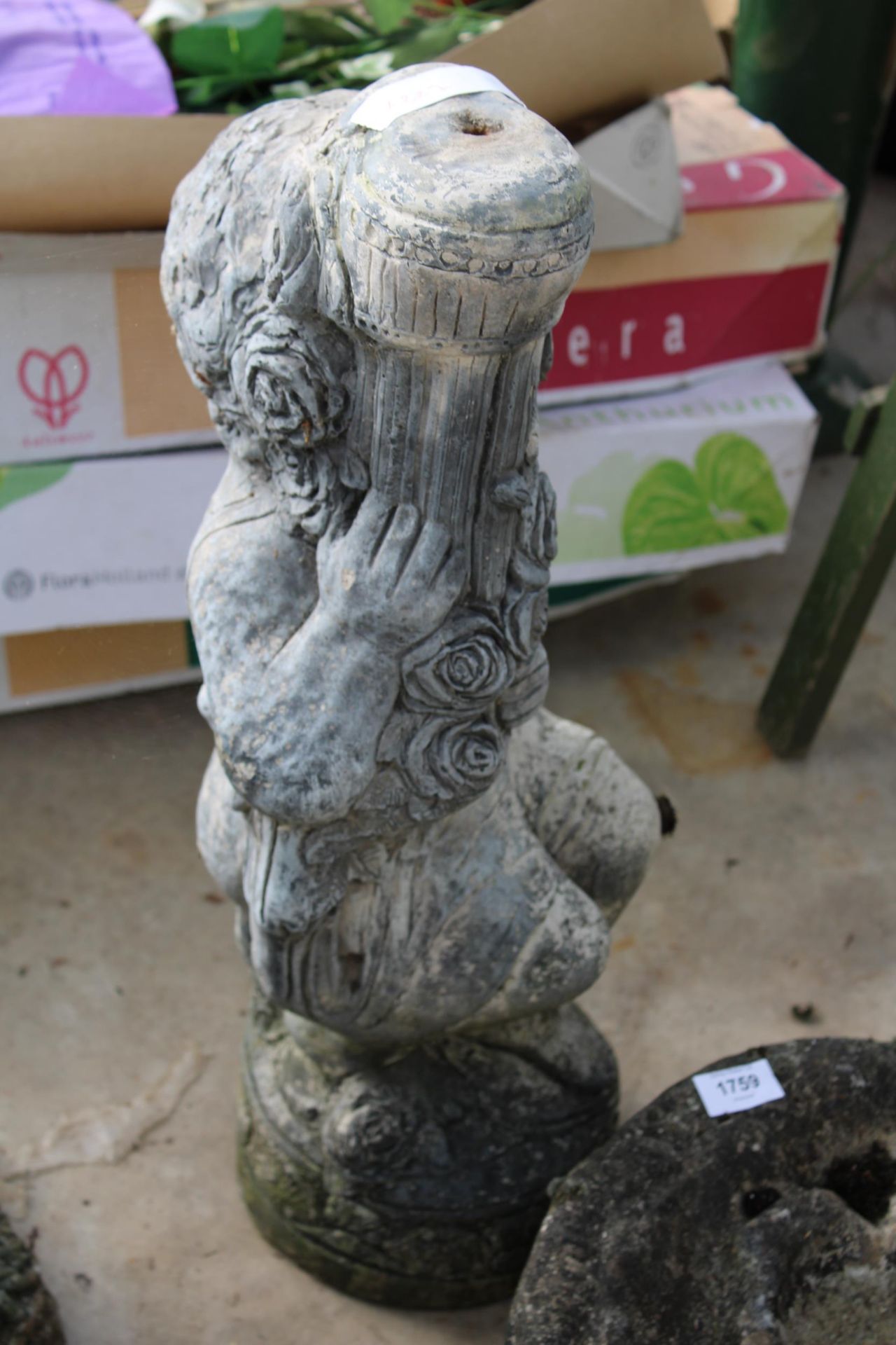 A CONCRETE GARDEN BIRDBATH WITH CHERUB PEDESTAL BASE - Image 2 of 2