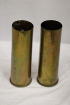 TWO BRASS TRENCH ART SHELL VASES HEIGHT 29CM