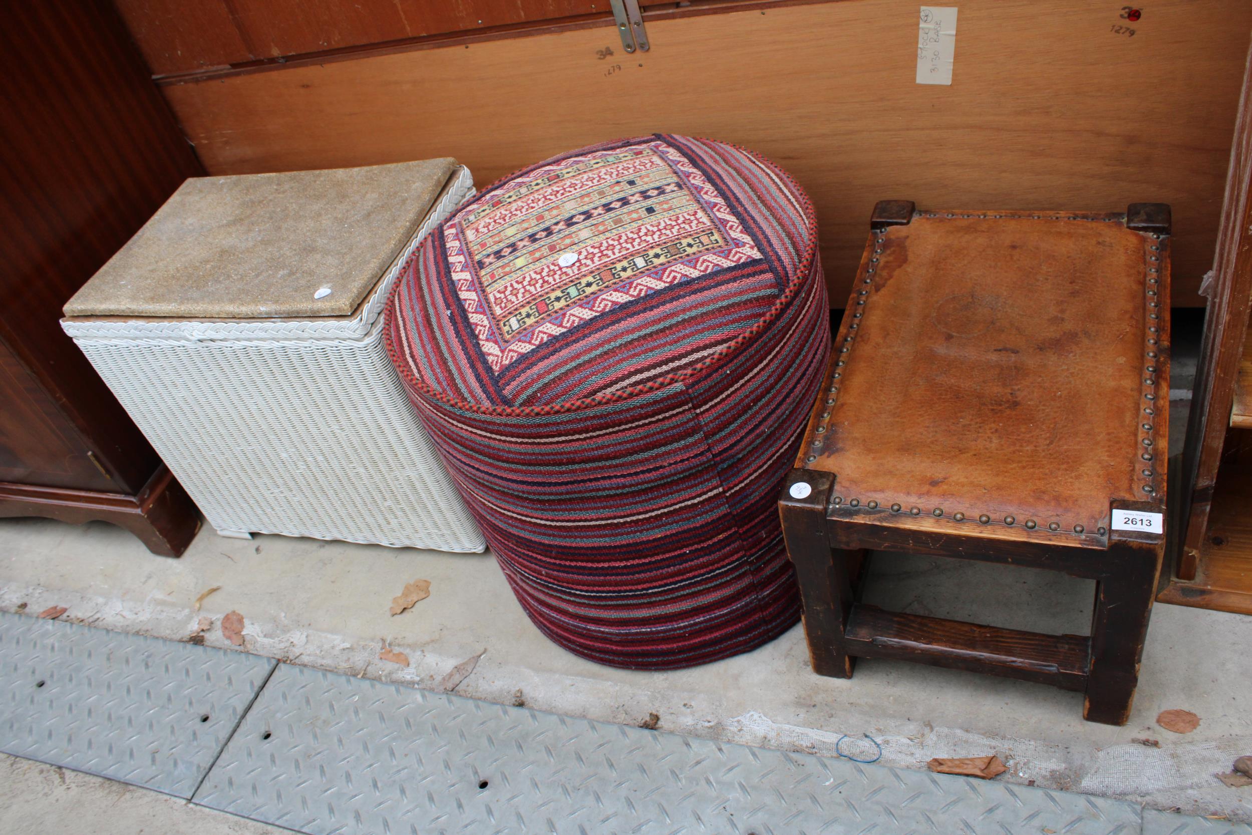 A LLOYD LOOM LINEN BASKET, OAK FRAMED STOOL AND POUFFE