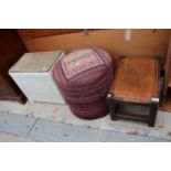 A LLOYD LOOM LINEN BASKET, OAK FRAMED STOOL AND POUFFE