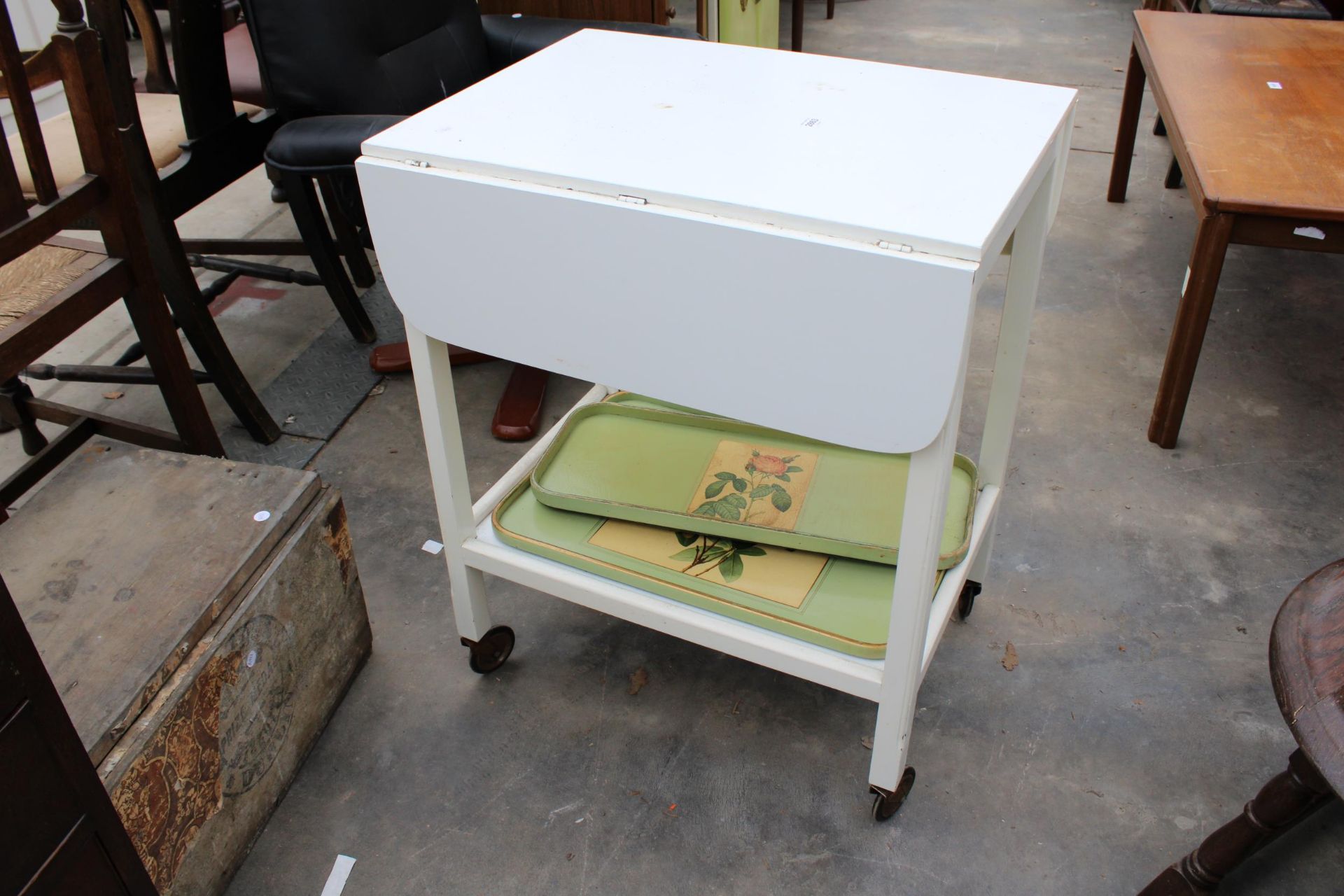 A PAINTED TWO TIER TROLLEY, TWO TRAYS AND A PAINTED BOX BEARING A DUBLIN STAMP